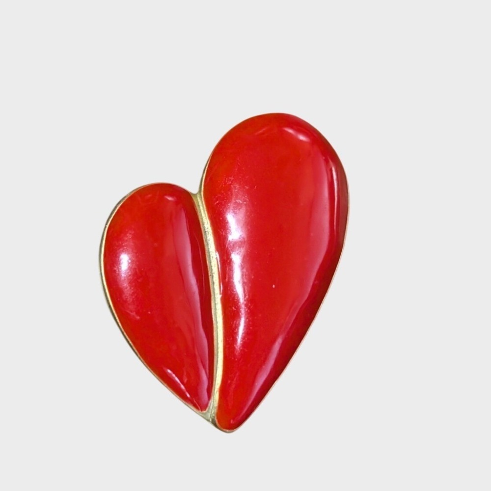 Vintage Heart Brooch Pin Red Enamel 2" Love Valentines Gold-tone